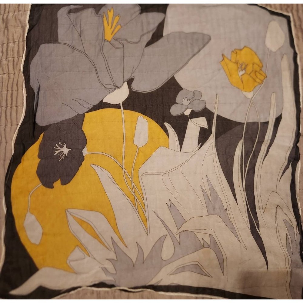 Scarf Flower Garden Scene in Grey Balck Beige Gold Neck Scarf